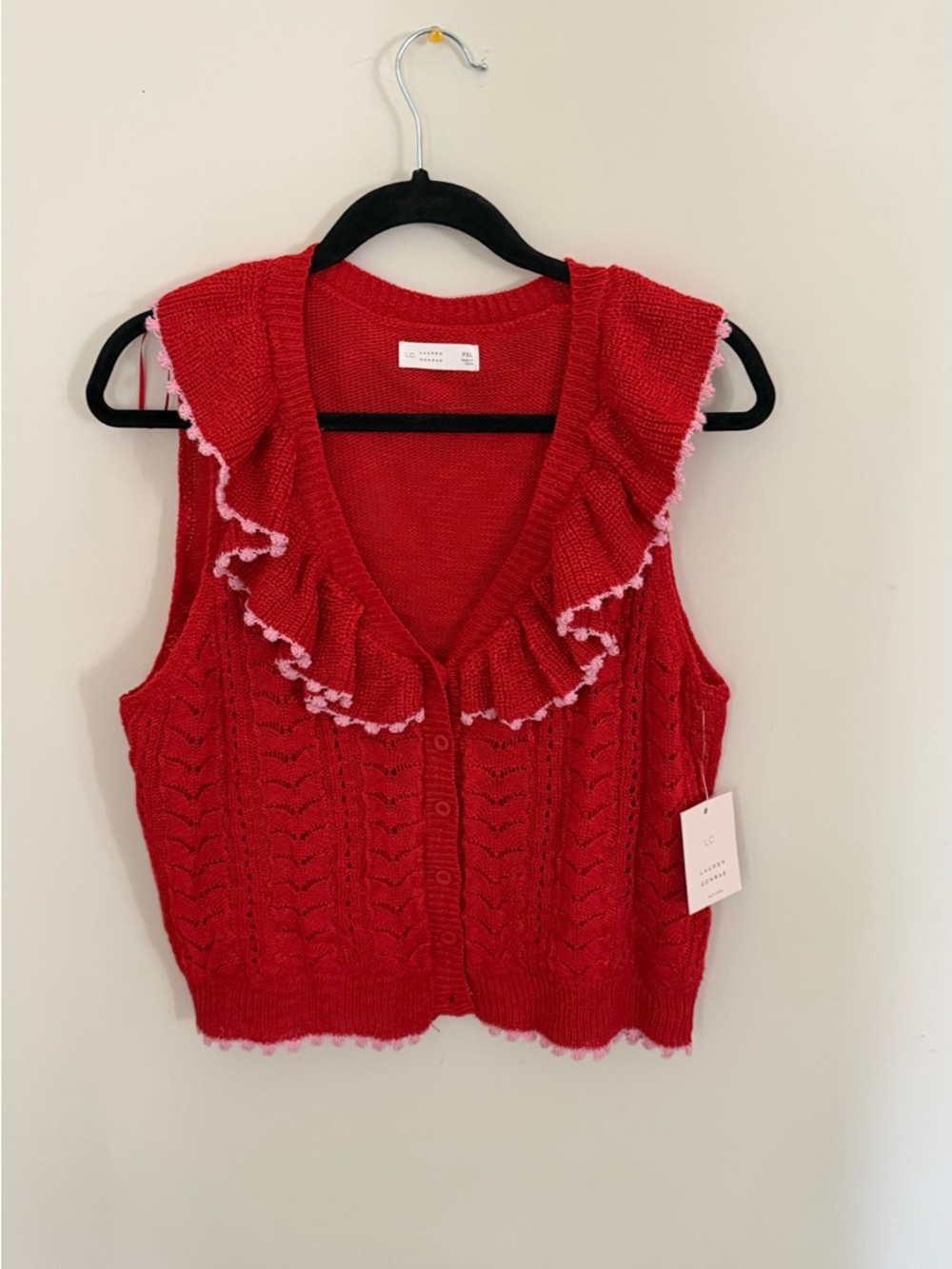 LC Lauren Conrad Red Ruffled Knit Vest with Pink Trim